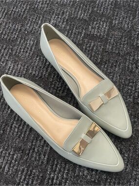 Charles & Keith Mint Pointed-Toe Loafers with Gold Bow Accent